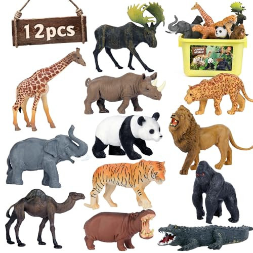 Safari Animal Toys Figures, 12 PCS Realistic Jumbo Wild Jungle Animals Figurines, Large African Zoo Animal Playset with Lion,Elephant,Giraffe, Plastic Animal Learning Toys for Kids Toddlers Boys | Amazon (US)