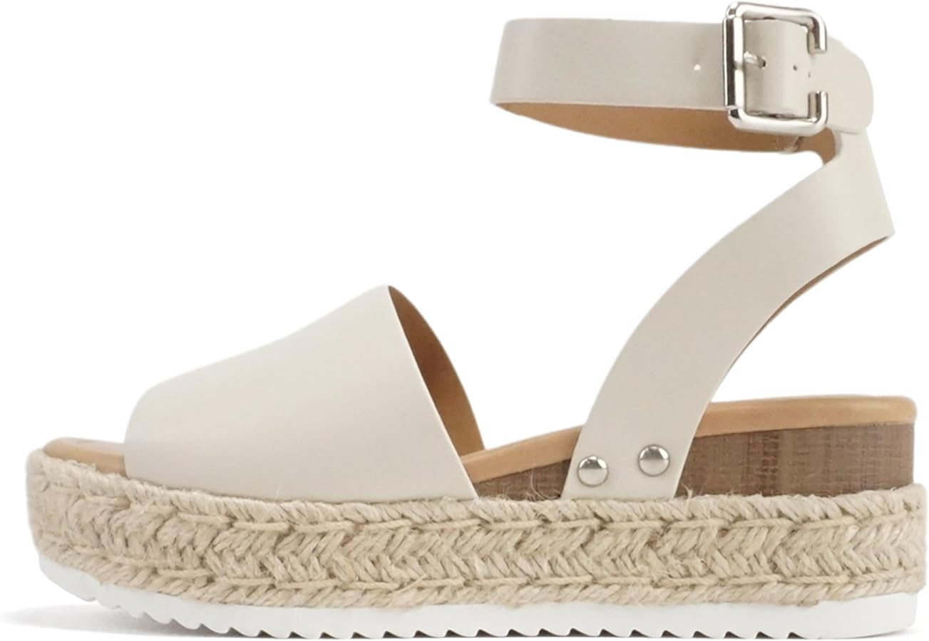Soda Topic Open Toe Buckle Ankle Strap Espadrilles Flatform Wedge Casual Sandal | Amazon (US)