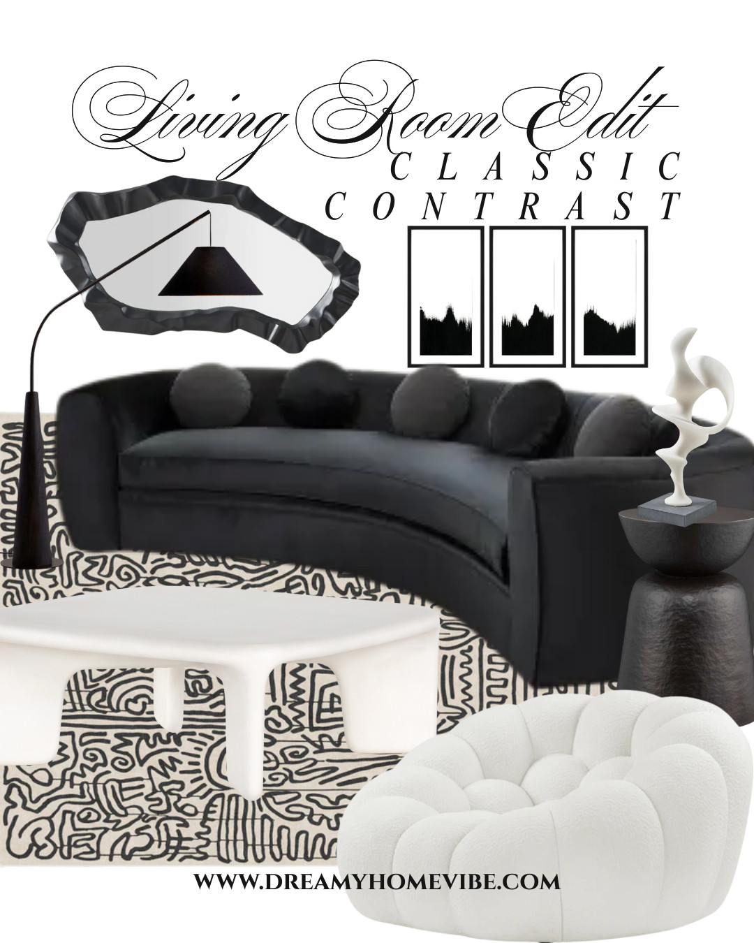 Classic Contrast layers sculptural form with timeless black-and-white balance. This living room edit is curated to feel bold, refined, and effortlessly modern.
#ModernHome #LivingRoomEdit #ElevatedStyle #ShopTheLook #HomeInspiration 

 #LTKHome