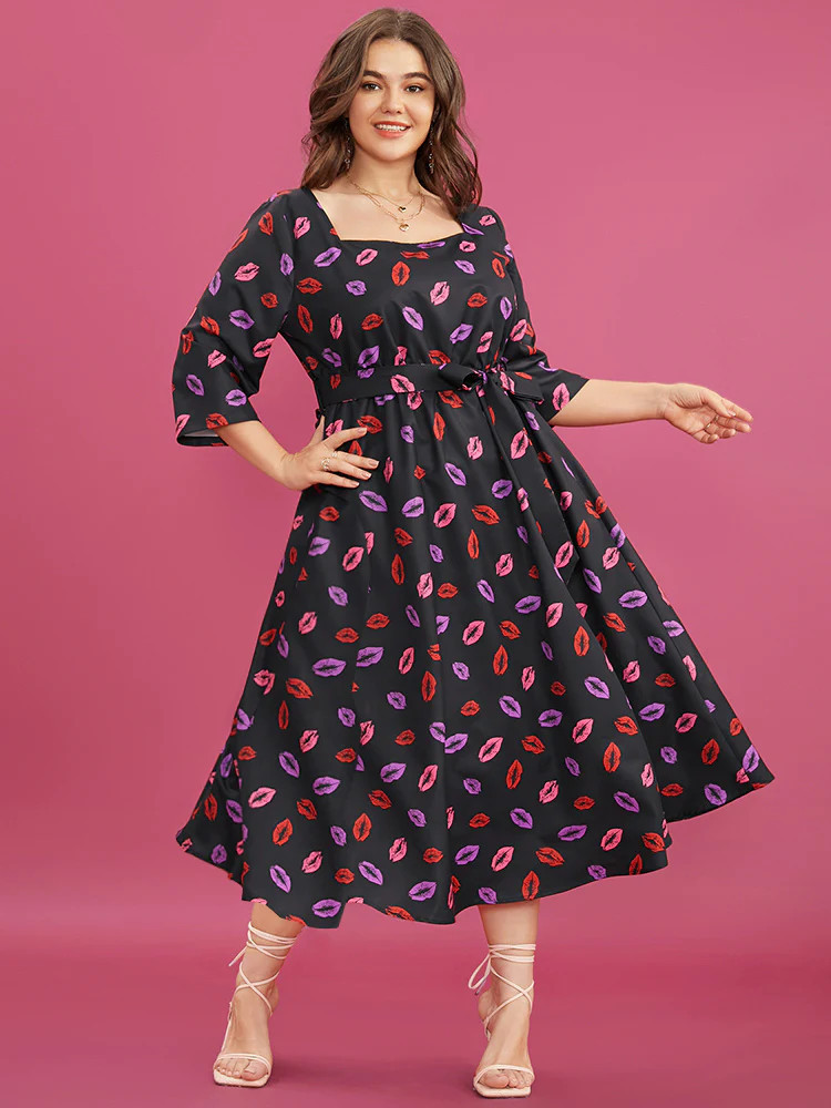 Lip Print Square Neck Pocket Belted Flutter Hem Dress | Bloomchic