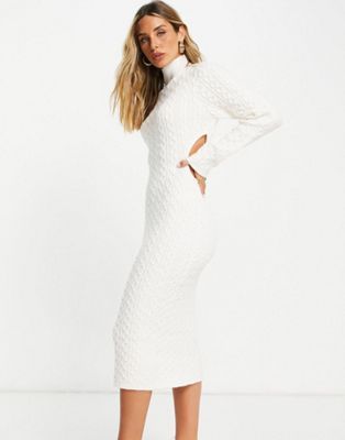 ASOS DESIGN knitted cable midi dress with cut out waist detail in cream | ASOS | ASOS (Global)