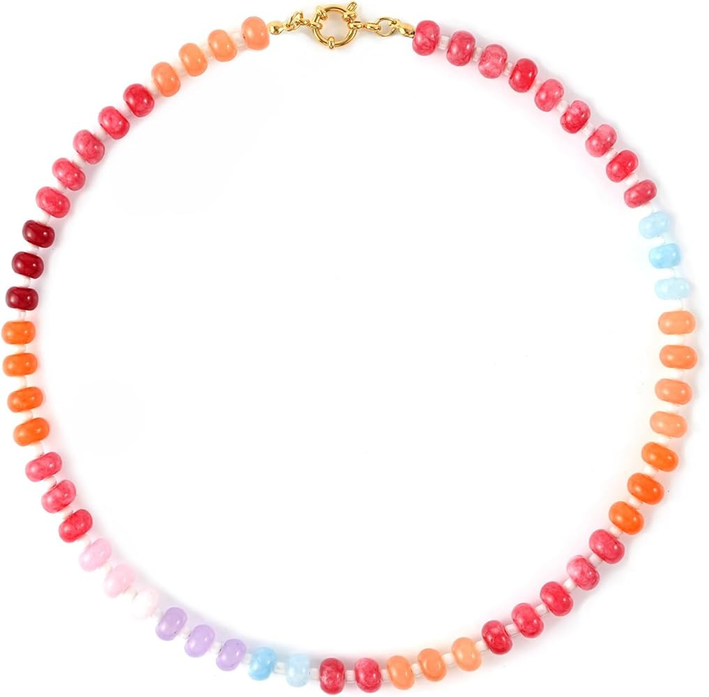 Boho Multicolor Beaded Gemstone Necklaces for Women,Natural Stone Rainbow Colorful Bead Choker, H... | Amazon (US)