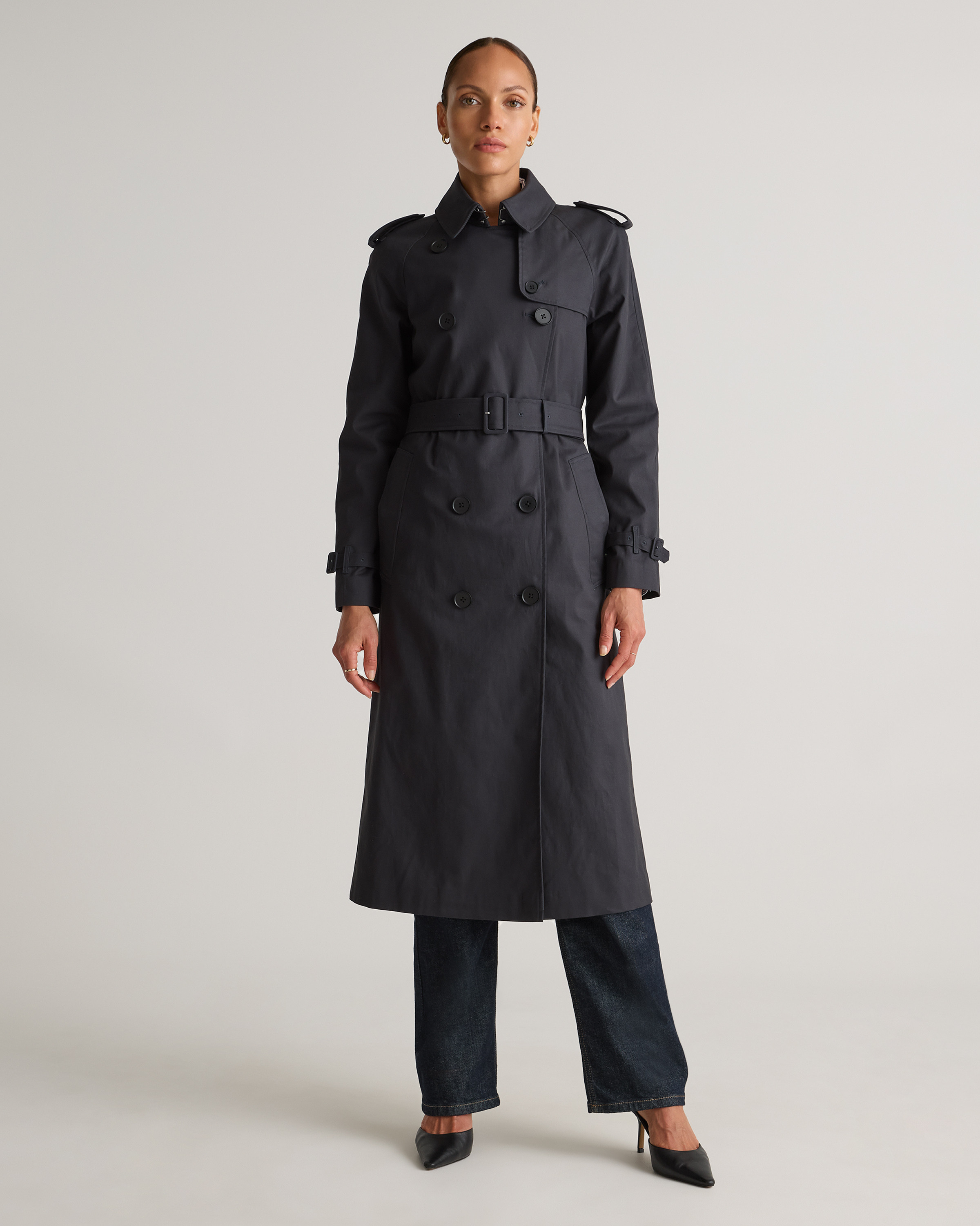 Quince | Women's Comfort Stretch Long Trench Coat in Midnight Black, Size Large, Organic Cotton | Quince