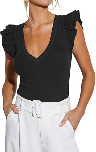 INFITTY Women's Sexy V Neck T Shirts Ruffle Short Sleeve Tops Slim Fit Rib Knit Summer Casual Blo... | Amazon (US)