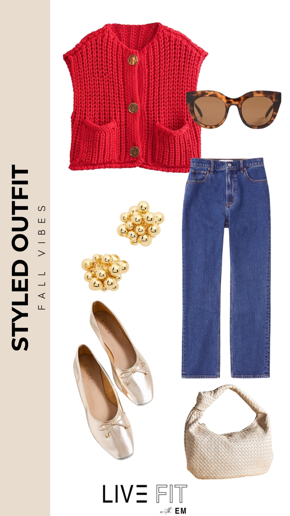 This vibrant red knit vest brings a pop of color to your fall wardrobe! Paired with classic high-waisted jeans and elegant gold ballet flats, it’s perfect for those sunny yet crisp autumn days. Accessorize with statement gold cluster earrings and trendy tortoiseshell sunglasses to add a touch of sophistication. Complete the look with a chic woven bag for an effortlessly stylish ensemble. Perfect for a weekend brunch or a casual day out! #FallFashion #StyledOutfit 

#LTKSeasonal #LTKShoeCrush #LTKStyleTip