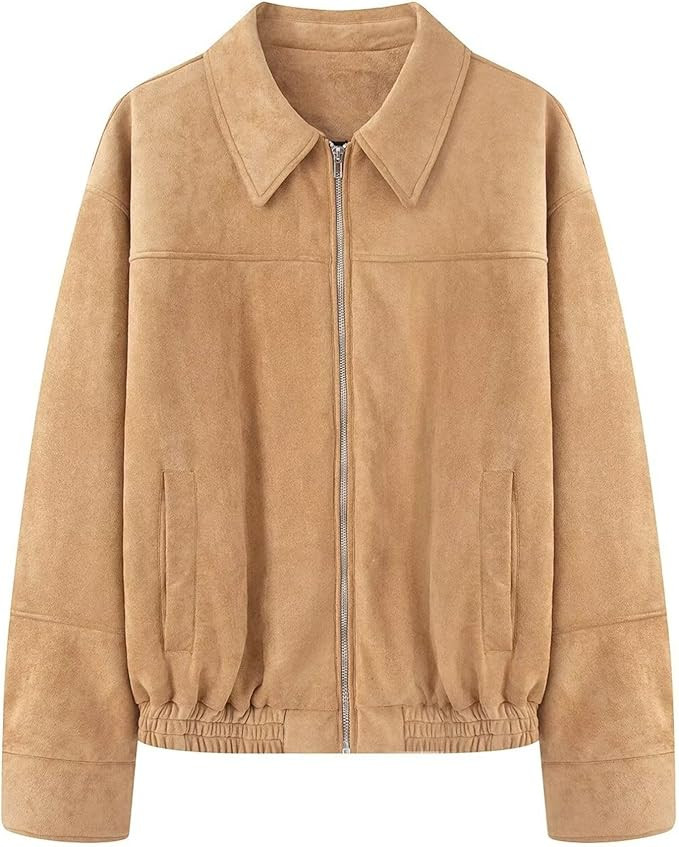 Xunger Women's Faux Suede Collar Pilot Jacket Oversized Casual Ribbed Hem Coat Vintage Streetwear... | Amazon (US)