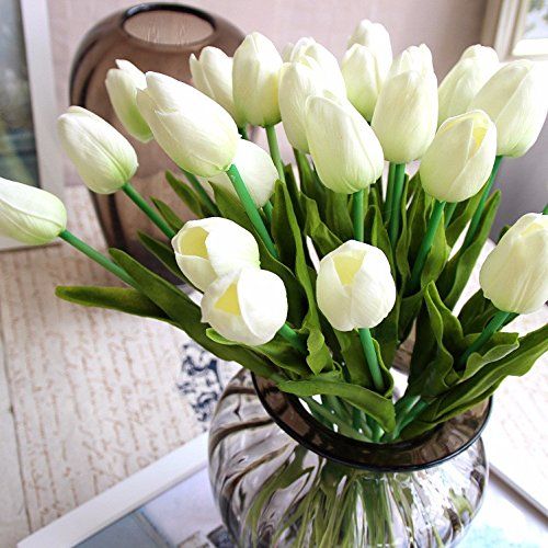 Supla 20 heads Artificial Flowers Real Touch Tulips in White Wedding Bouquets Flowers Fake Tulips PU | Amazon (US)