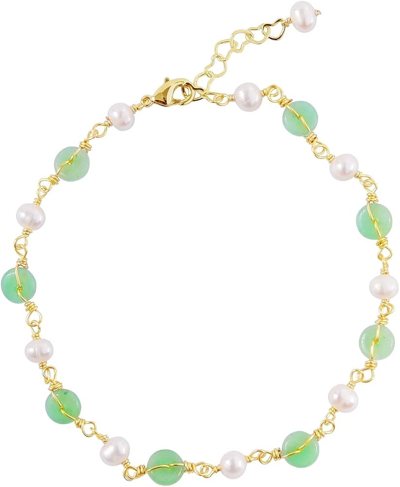 Natural Green Hetian Jade Anklet for Women, Pearls Adjustable Anklet, Natural Freshwater Pearls A... | Amazon (US)