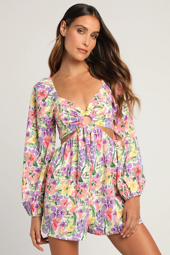 Blossoming Serenade Lilac Multi Floral Print Cutout Romper | Lulus (US)