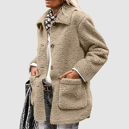 BUIgtTklOP no boundaries Women s Winter Faux Fur Coats Long Sleeve Lapel Button Down Pockets Fleece Sherpa Jacket Casual Trendy Outerwear | Walmart (US)