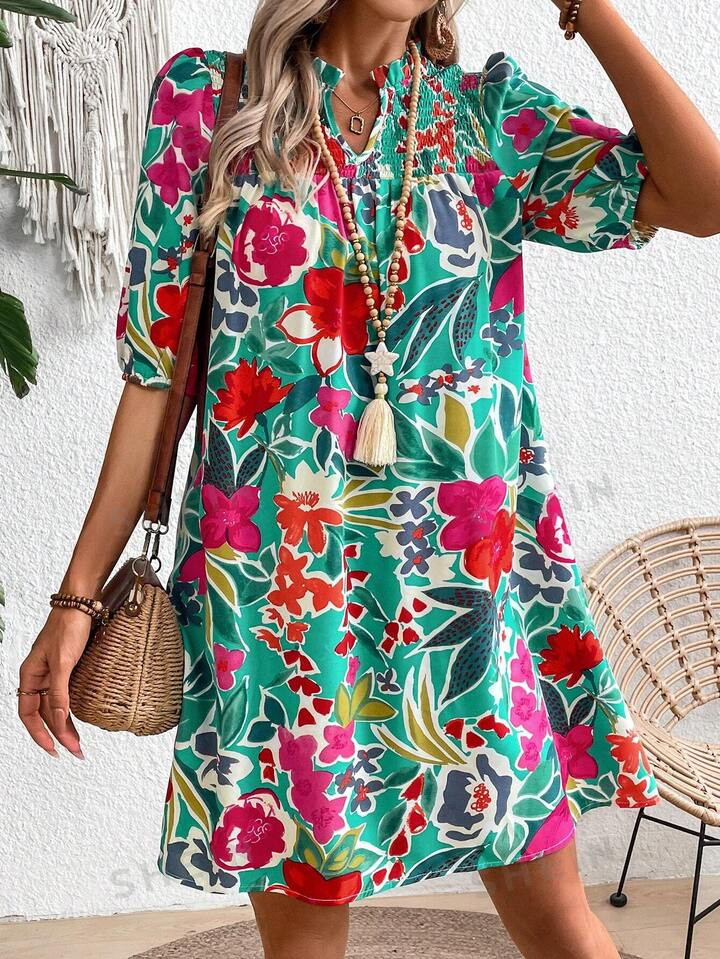 SHEIN LUNE Women's Fashionable Notch V-Neck Dress | SHEIN USA | SHEIN