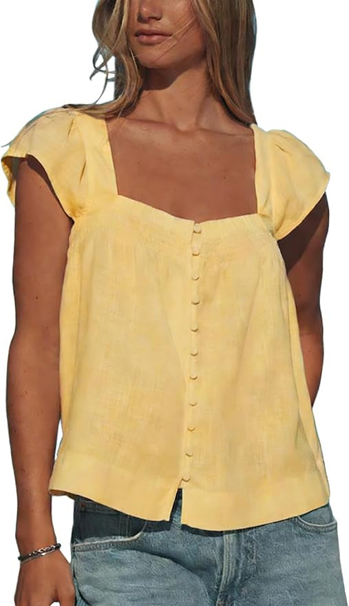 Cotton Linen Tops for Womens Square Neck Flutter Sleeve Lightweight Casual Shirt for Summer | Amazon (US)