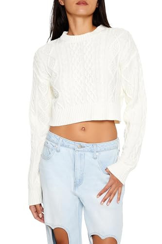 Forever 21 Women's Cropped Cable Knit Sweater White | Amazon (US)