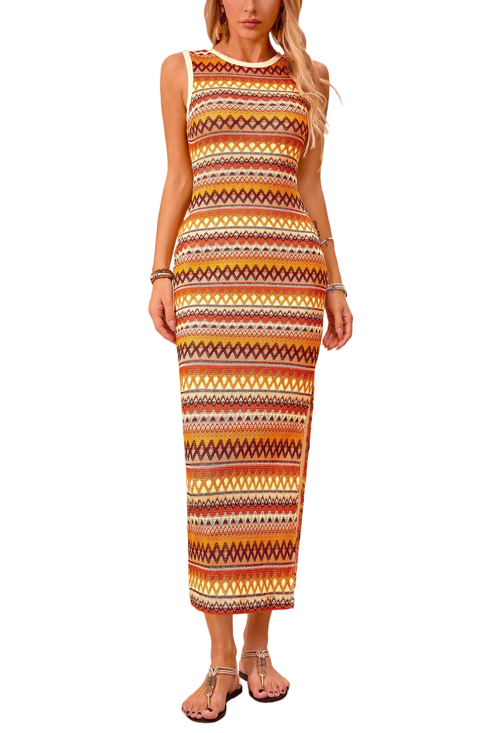 PRETTYGARDEN Womens Summer Sleeveless Tank Dress Crew Neck Striped Side Slit Bodycon Casual Maxi ... | Walmart (US)