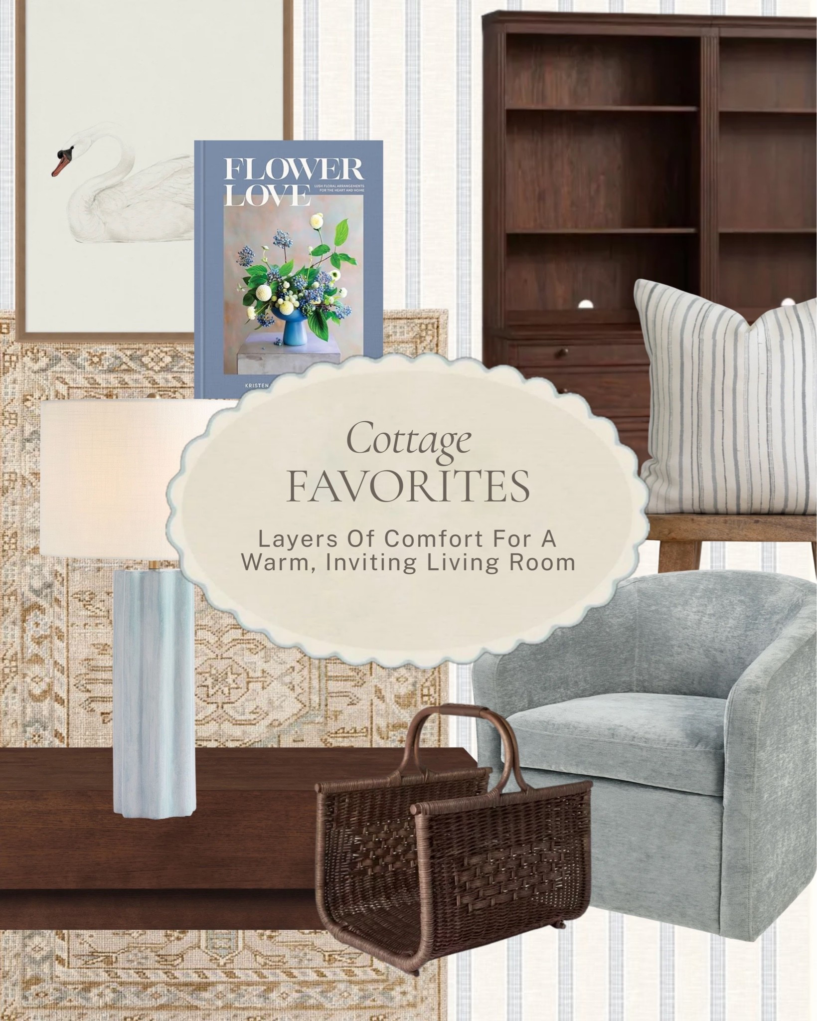 Layers of comfort for a warm, inviting living room. A soft blue swivel chair, a striped pillow, a woven leather-handled basket, and a fluted glass lamp, pattern and texture doing all the work to make a room feel settled in.

Shop the pieces here! #LTKhome