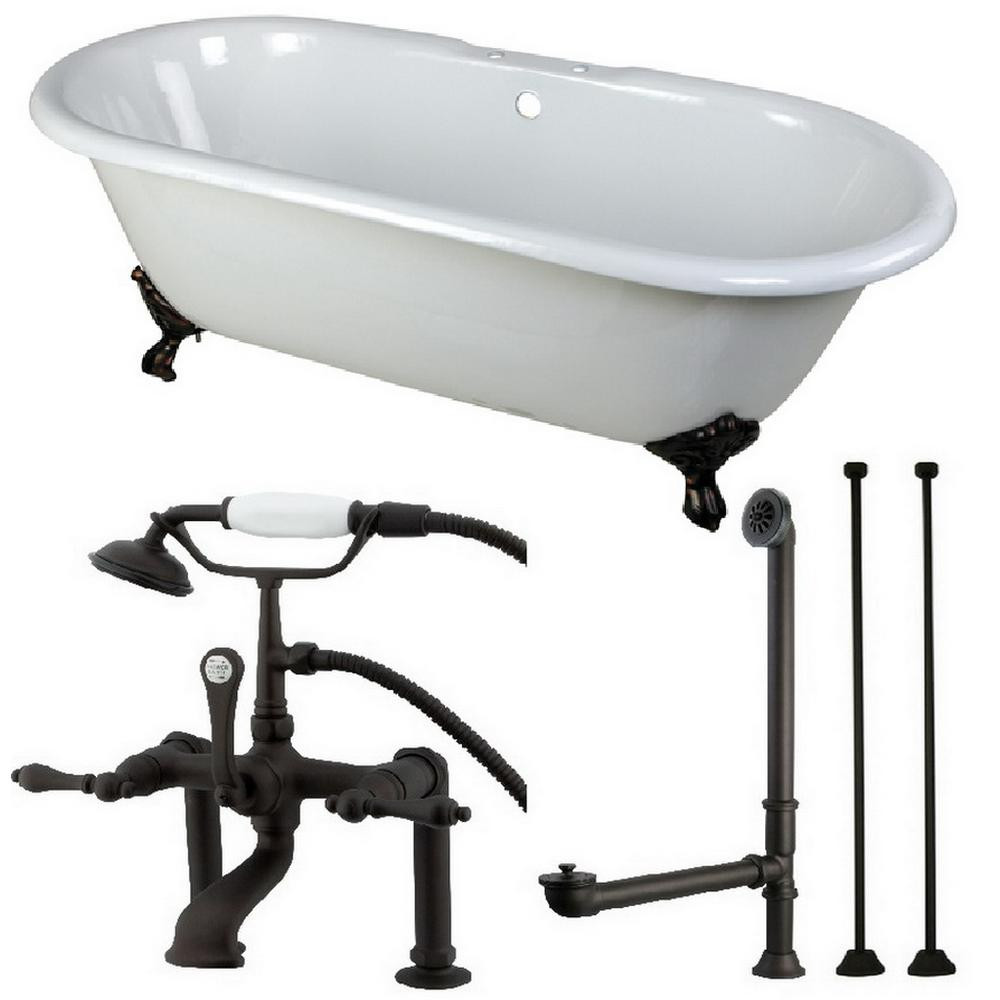Classic Double Ended 66 in. Cast Iron Clawfoot Bathtub in White and Faucet Combo in Oil Rubbed Br... | The Home Depot