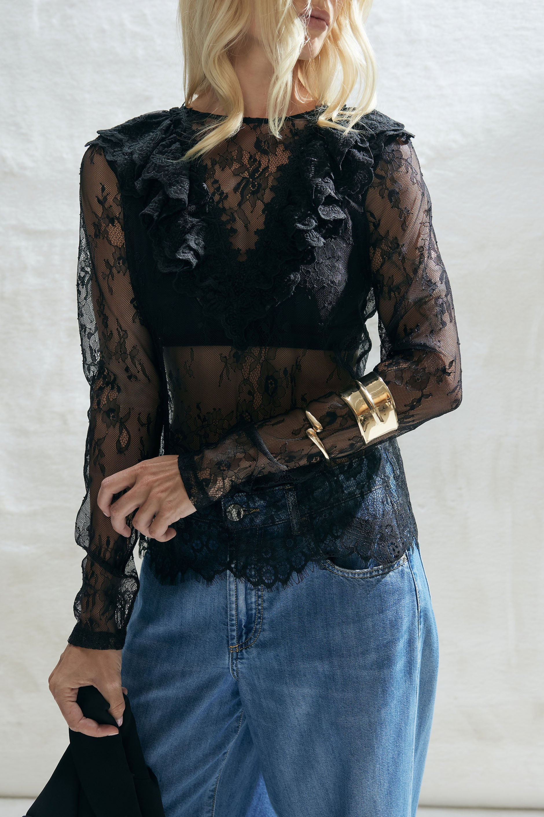 Megan Ruffle Lace Top - Black | DECJUBA