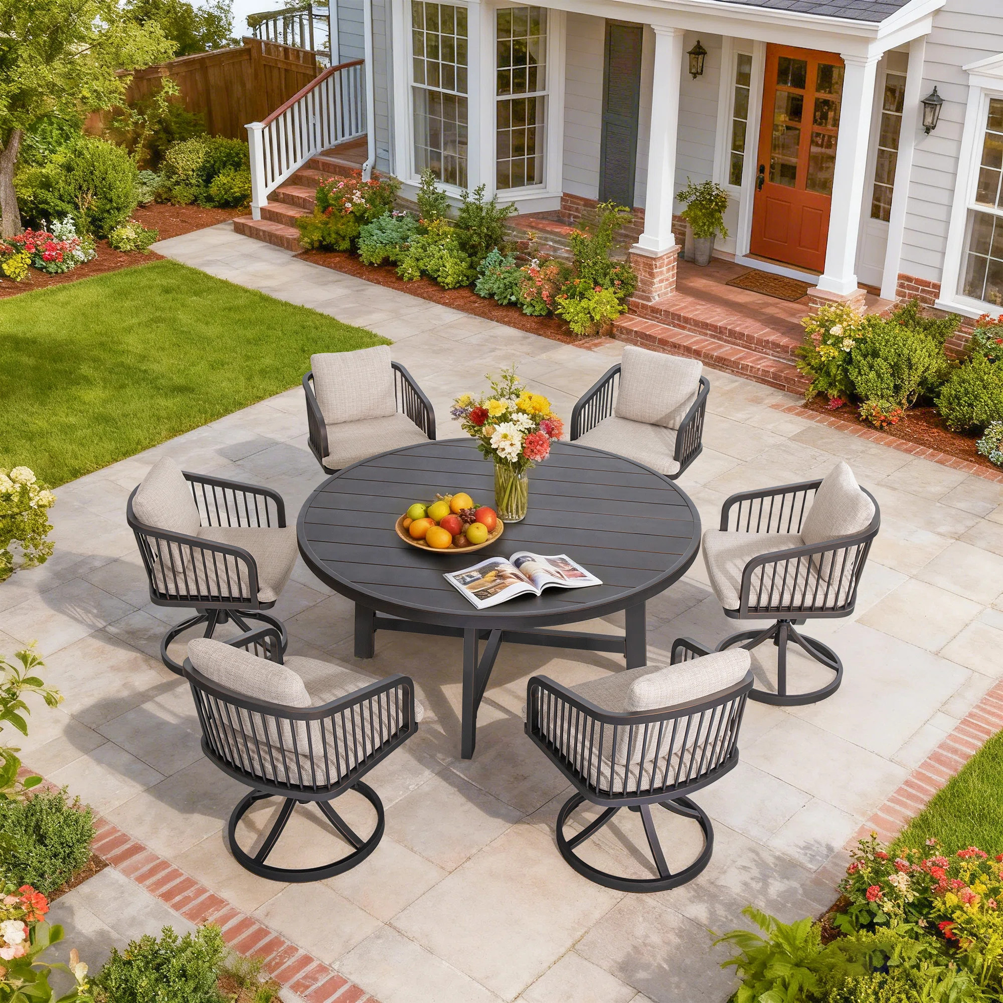 Asheville Patio 6 Person Aluminum Round Dining Set With Umbrella Hole, Swivel Dining Chairs With Cushions | Wayfair North America