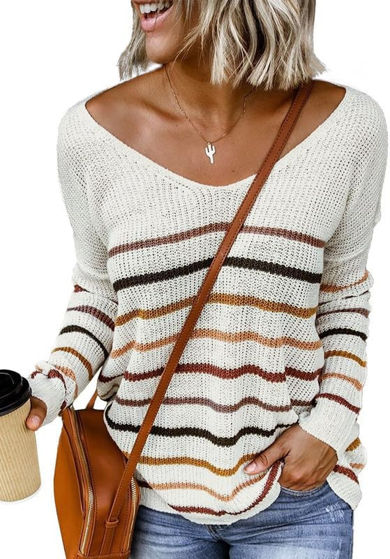 Dokotoo Womens 2024 Spring Fall Color Block Stripes V-Neck Long Sleeve Knit Casual Tops Tunic Pul... | Amazon (US)