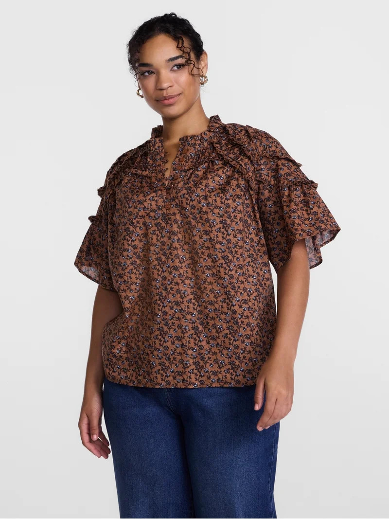 Scenario Women's Gathered Cotton Voile Top with Short Sleeves, Size XS-XXXL | Walmart (US)