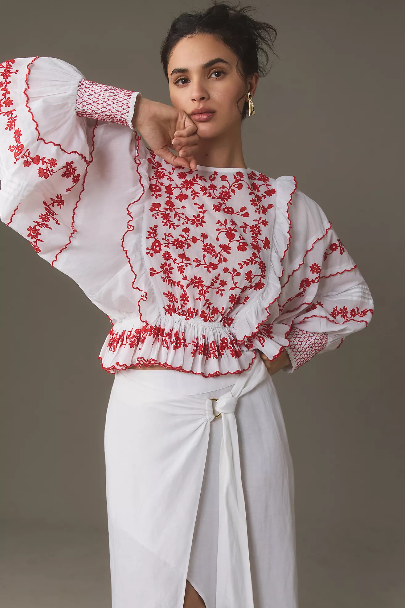 Farm Rio Long-Sleeve Embroidered Blouse | Anthropologie (US)