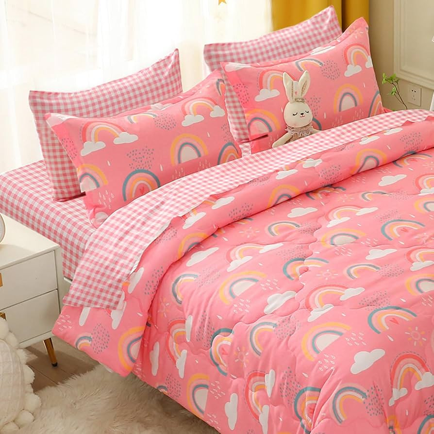 Kids Rainbow Comforter Set for Girls Teens Full Size 7 Piece Cloud Sun Pink Bedding Set 3D Cute C... | Amazon (US)