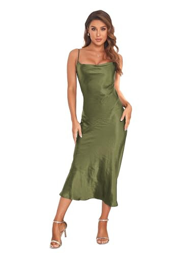 Women's Spaghetti Strap Midi Satin Silk Dresses Slip Cowl Neck Party Cocktail Evening Dress Army Green | Amazon (US)