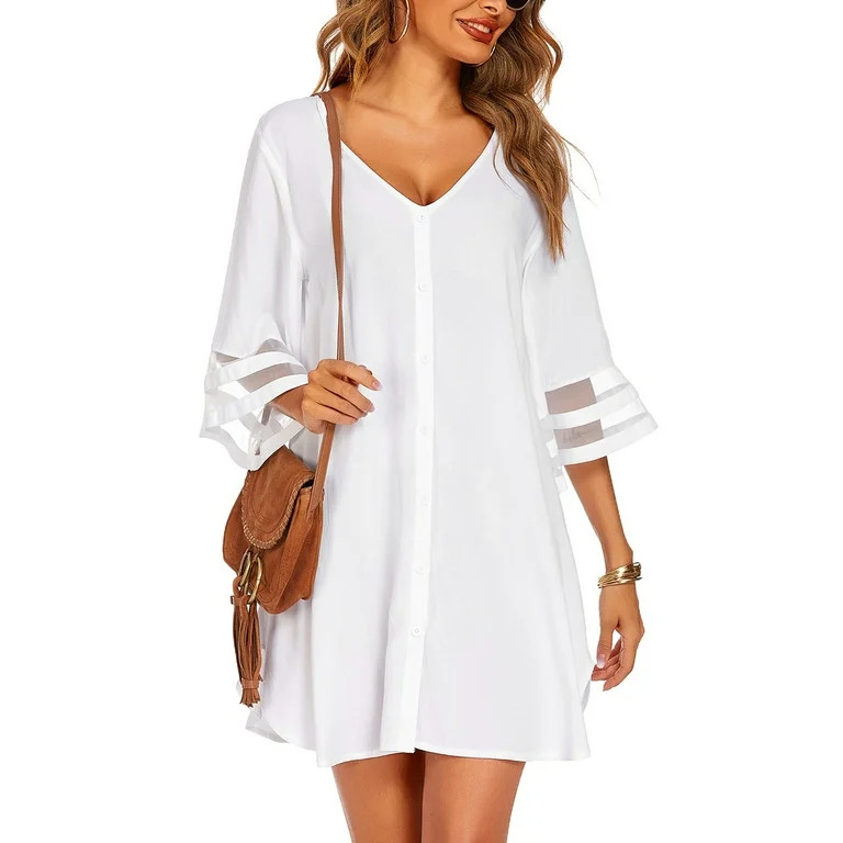 xkwyshop Women's Swimsuit Cover Ups Button-Down V Neck Crochet Chiffon Summer Beach Cover Up Dres... | Walmart (US)