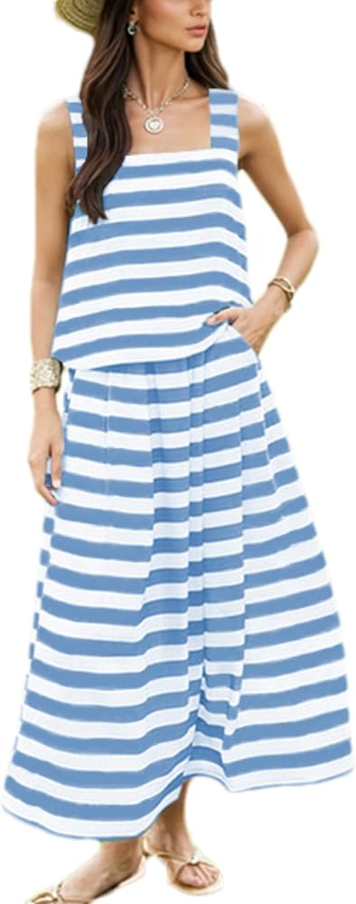 Womens Summer 2 Piece Skirt Set Striped Sleeveless Tank Top Maxi Dress Travel Outfits Matching Se... | Amazon (US)
