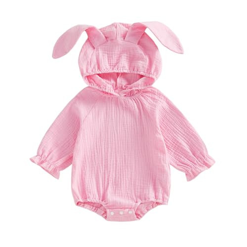 Aiwpstoin Newborn Baby Easter Outfit Girl Boy Bunny Ear Hoodie Long Sleeve Bubble Romper Cute Infant Spring Clothes (Pink, 3-6 Months) | Amazon (US)