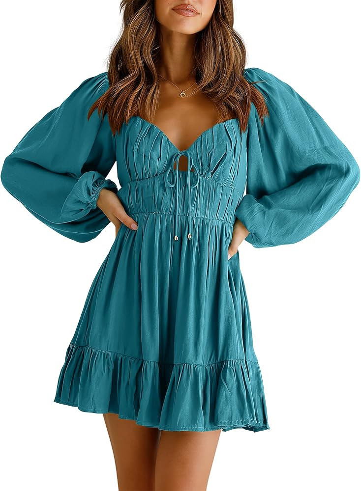 ANRABESS Women's Sweetheart Neck Tie Front Cutout Long Sleeve Smocked Backless Ruffle Hem Pleated... | Amazon (US)