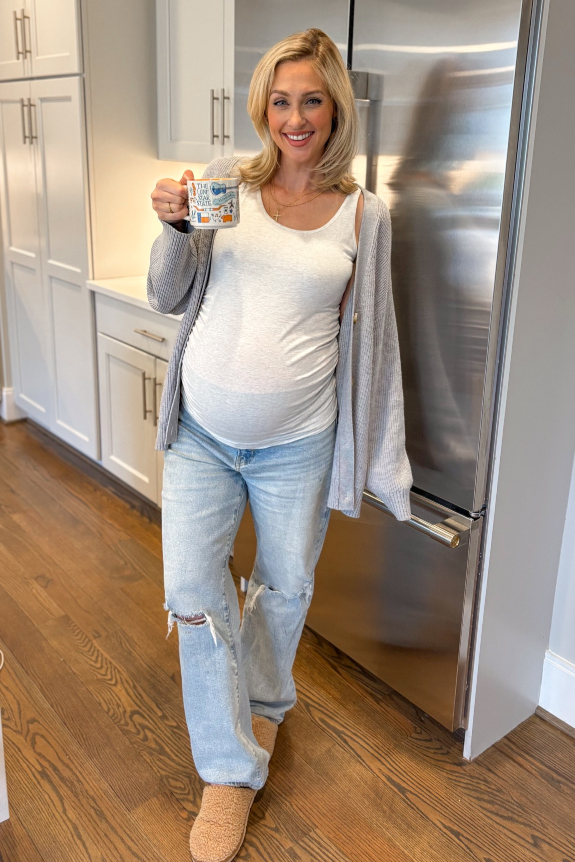 Maternity / pregnancy lounge everyday outfit for moms. Cozy oversized cardigan (size medium). Baggy jeans (size 29). Favorite house slippers. 3-pack of maternity tanks from Amazon (size small). Gold jewelry. 

#LTKFamily #LTKBump #LTKBaby