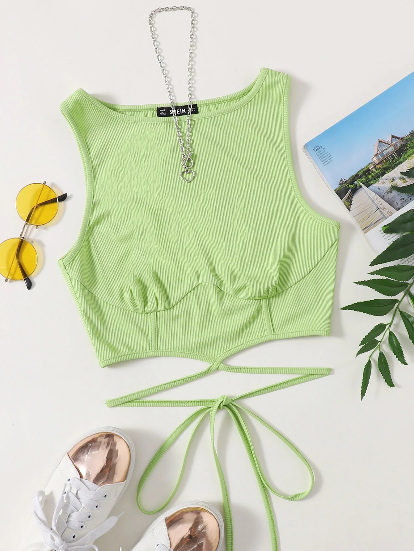 Tie Front Rib-knit Tank Crop Top | SHEIN