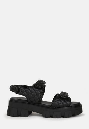 Black Quilted Chunky Grandad Sandals | Missguided (US & CA)