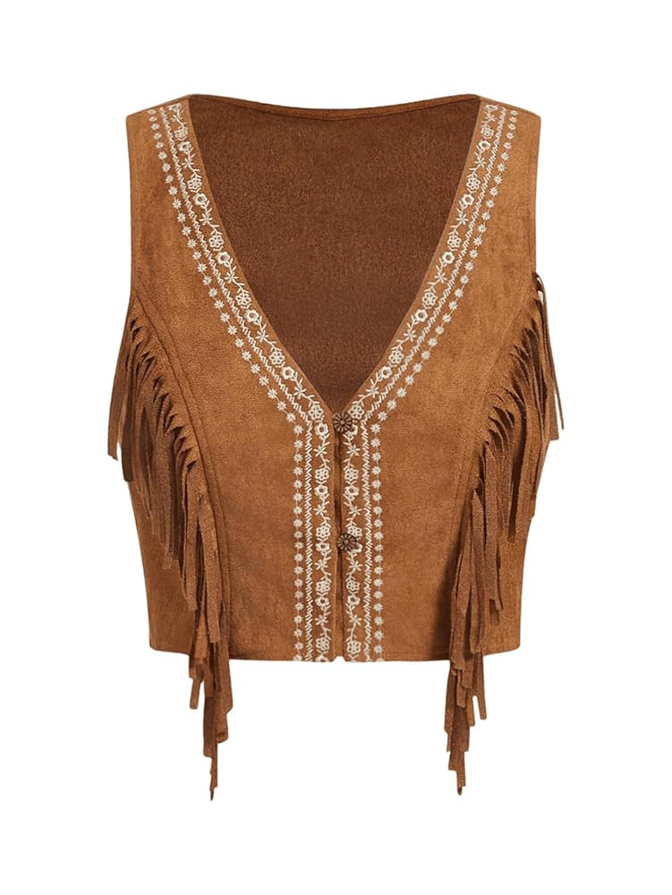SweatyRocks Women's Fringe Sleeveless Vest Floral Embroidered 70s Hippie Crop Jacket Cardigan | Amazon (US)