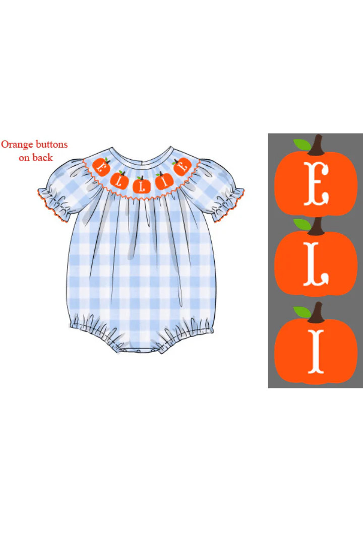 Pre-Order Hand Smocked Custom Name Pumpkin Blue Gingham Bubble | The Smocked Flamingo