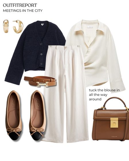 White trousers navy cardigan flats 

#LTKitbag #LTKstyletip #LTKshoecrush