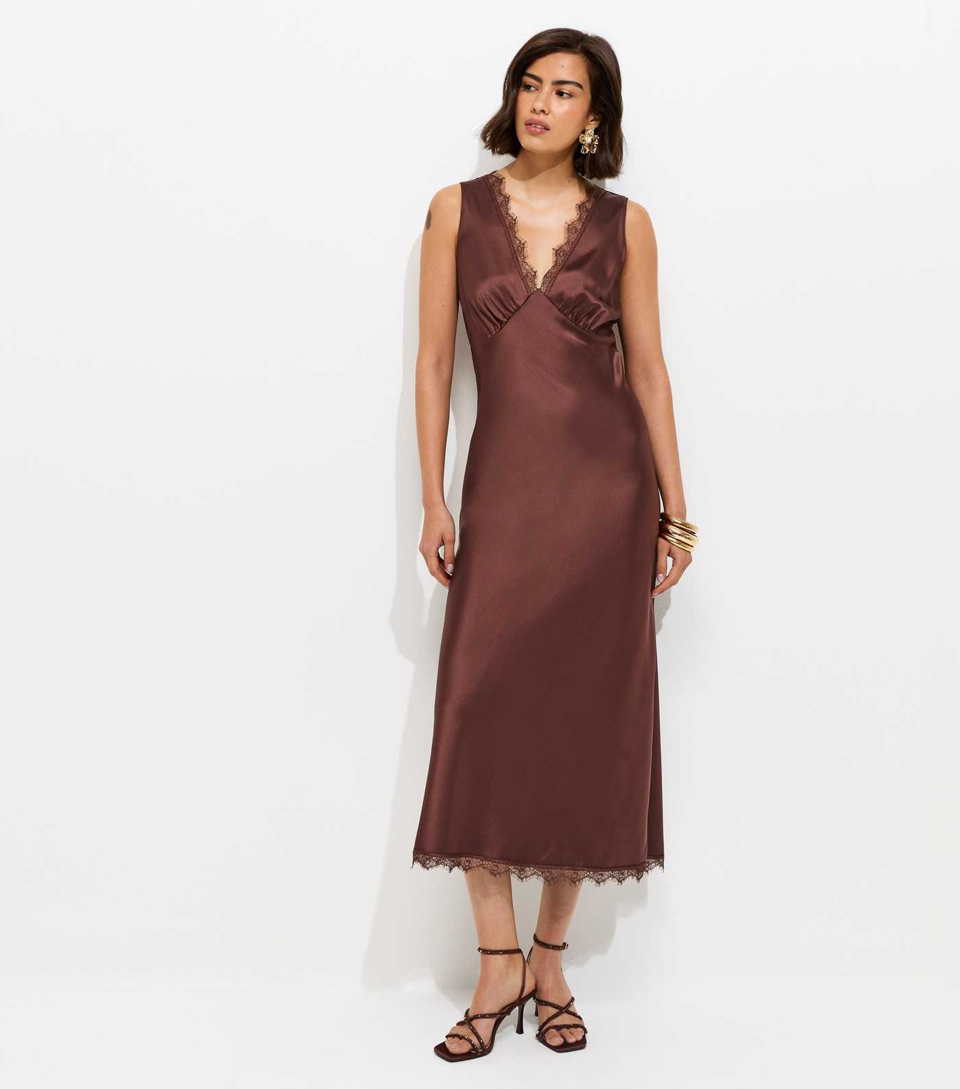 Dark Brown Satin Lace Trim Slip Midi Dress | New Look | New Look (UK)
