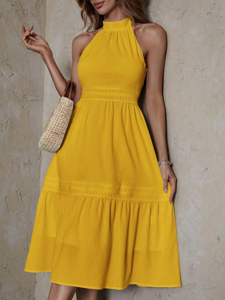 SHEIN JORESS Guipure Lace Panel Ruffle Hem Halter Dress | SHEIN