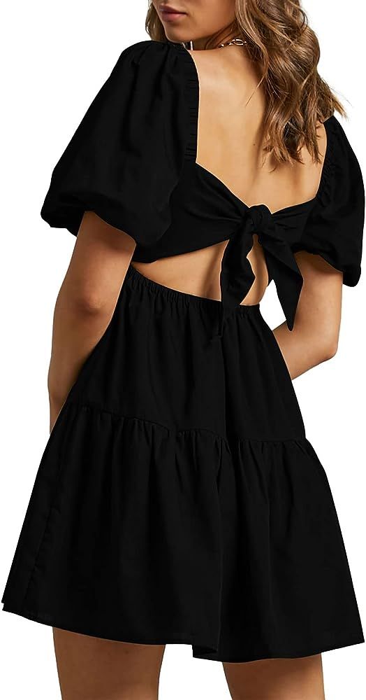 Women's Summer Dress Square Neck Short Sleeve Loose Backless Casual A-Line Party Mini Dresses | Amazon (US)