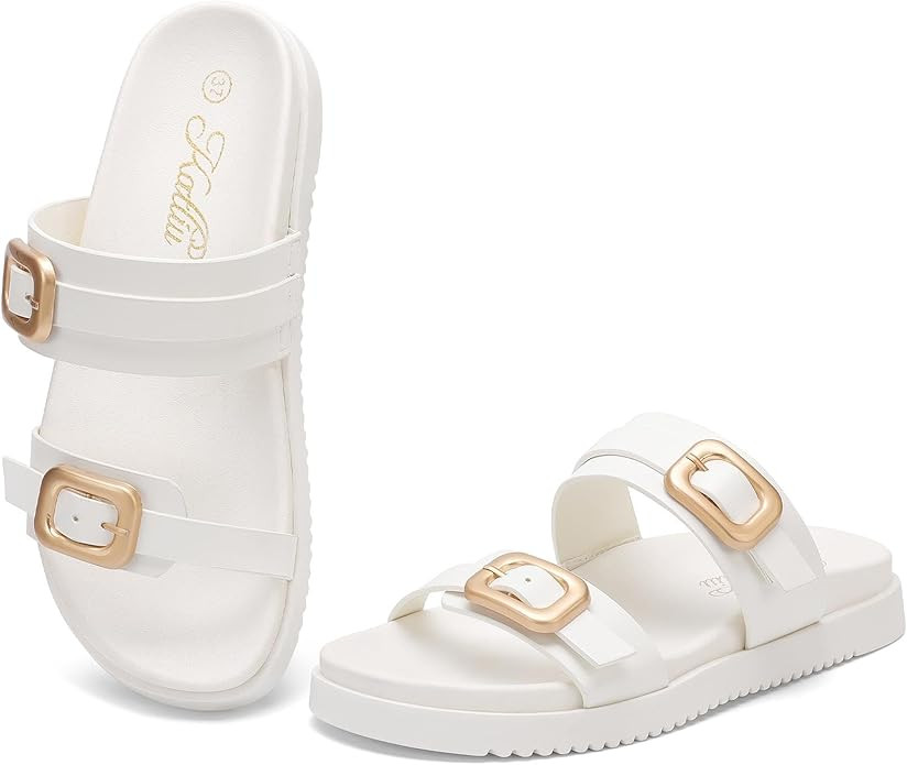 katliu Women's Comfort Flat Sandals Double Buckle Adjustable Slide Sandals Casual Summer Sandals ... | Amazon (US)