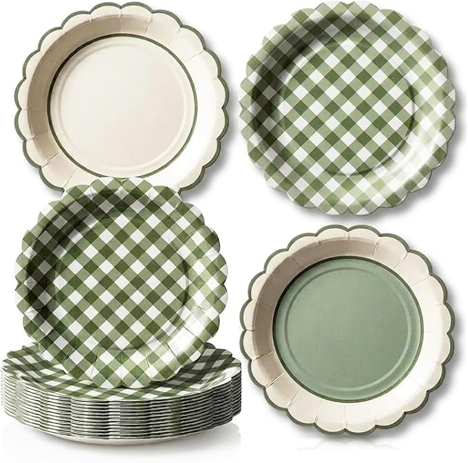 60 Pcs Sage Green Gingham Paper Plates 9 Inch Disposable Scalloped Checkered Plaid Dessert Dinner... | Amazon (US)