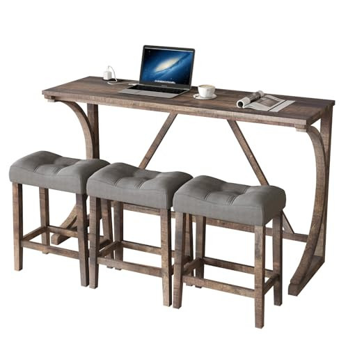 HMFULE 4 Piece Bar Table Set with Power Outlet, 59'' Dining Bar Table and Chairs Set, Industrial Breakfast Table with 3 Padded Stools for Living Room Dining Room Game Room Brown | Amazon (US)