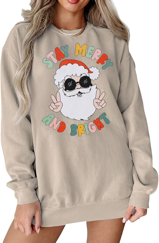 BOUTIKOME Womens Christmas Sweatshirt Santa Claus Stay Merry And Bright Shirt Vintage Santa Graph... | Amazon (US)