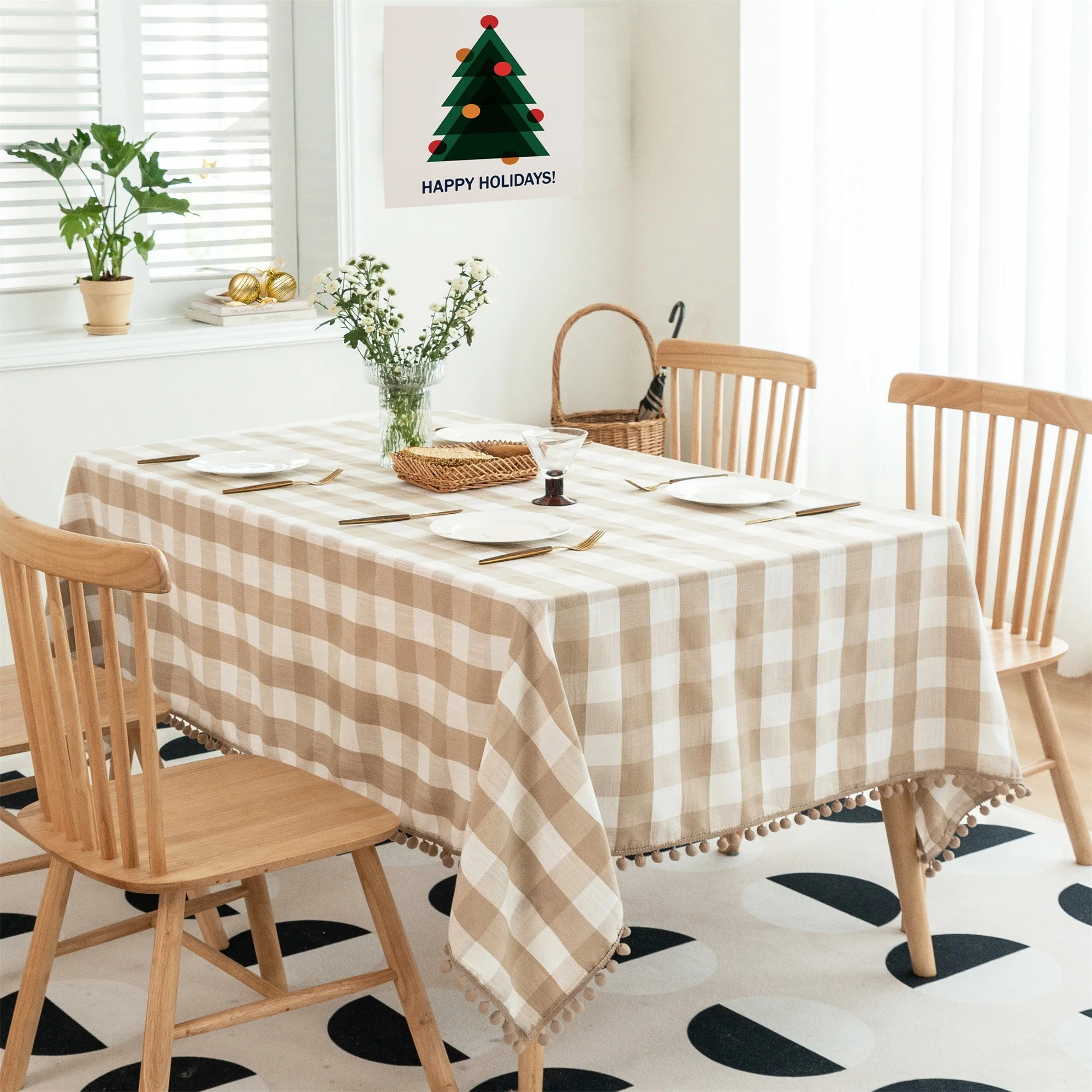 Flowpartex Rectangle Checkered Christmas Tablecloth with Pompom Tassel Classic Checkered Wrinkle ... | Walmart (US)