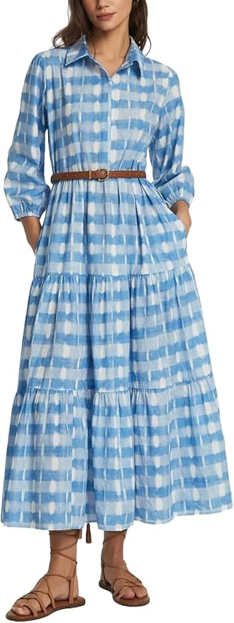 D-Sun Women Long Sleeve Maxi Dress V Neck Button Down Flowy Tiered Ruffle Shirt Dress Casual Fall... | Amazon (US)