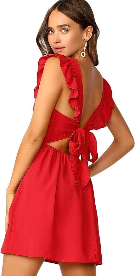 Romwe Women's Cute Tie Back Ruffle Strap A Line Fit and Flare Flowy Short Dress | Amazon (US)