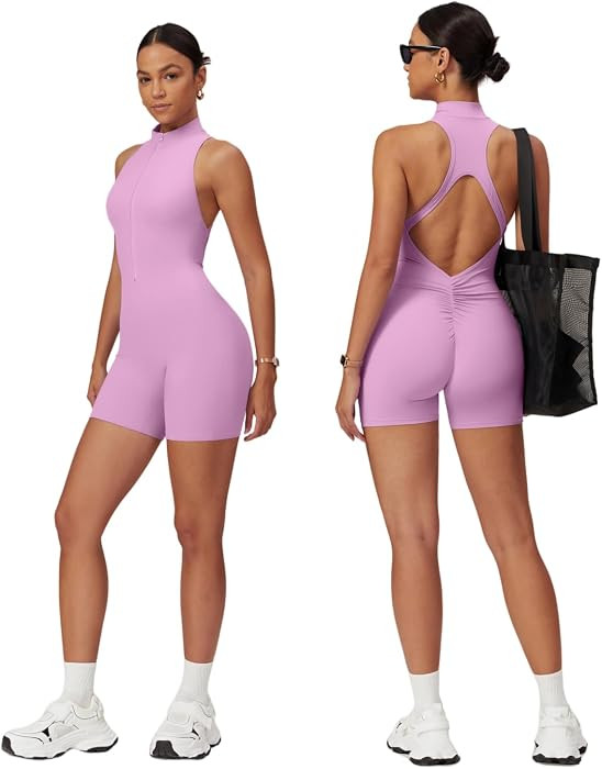 Sleeveless Workout Jumpsuit for Women Zip Up Rompers Shorts | Amazon (US)