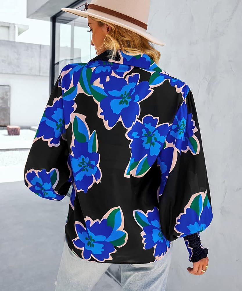 Women's Long Lantern Sleeve Blouse Casual Oversize Button Down Shirt Floral Tops | Amazon (US)