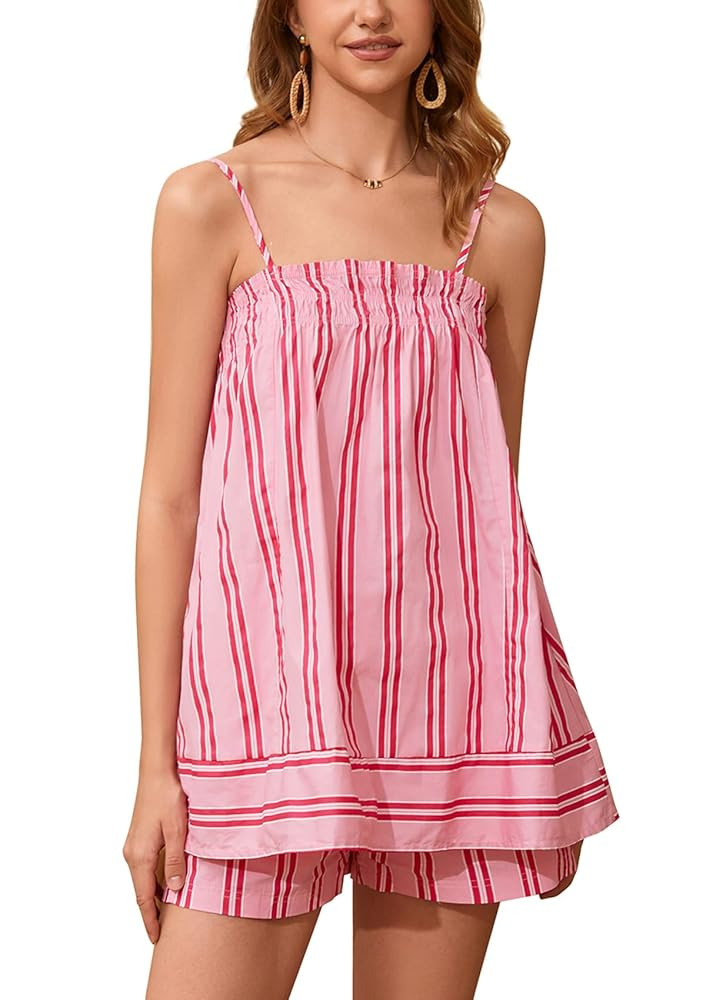 Women 2 Piece Lounge Set Striped Summer Pajama Set Sleeveless Peplum Cami Top and Wide Leg Shorts... | Amazon (US)